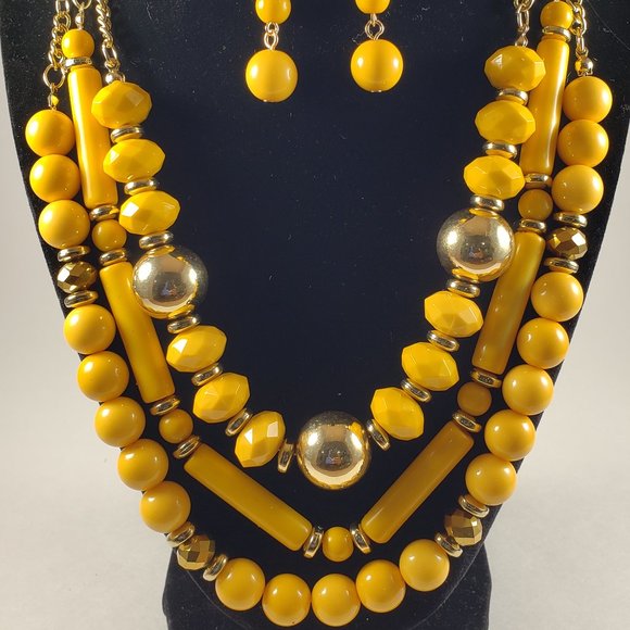 Unbranded Jewelry - Multi Strand Yellow and Gold-tone beaded Necklace & with matching Earrings